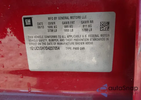 2013 Chevrolet Sonic Lt Auto z USA, uszkodzony, nr VIN 1G1JC5SH7D4237054